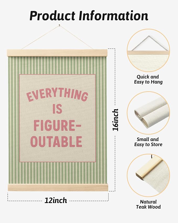 FGFK Everything Is Figureoutable Positive Affirmations Wall Art Poster Hanger Frame, Preppy Pink and Green Inspirational Canvas Prints Framed Wall Decor for Office Classroom Home Bedroom, 12x16 Inch