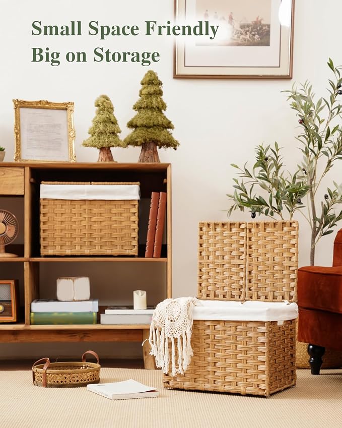 SETVSON Storage Basket with Lid Woven Wicker Baskets, 35L Natural | 9.2 Gallon Storage Bin with 2 Separate Lids, 2 Removable Liner Bags with Divider for Small Clothes, Sturdy Metal Frame