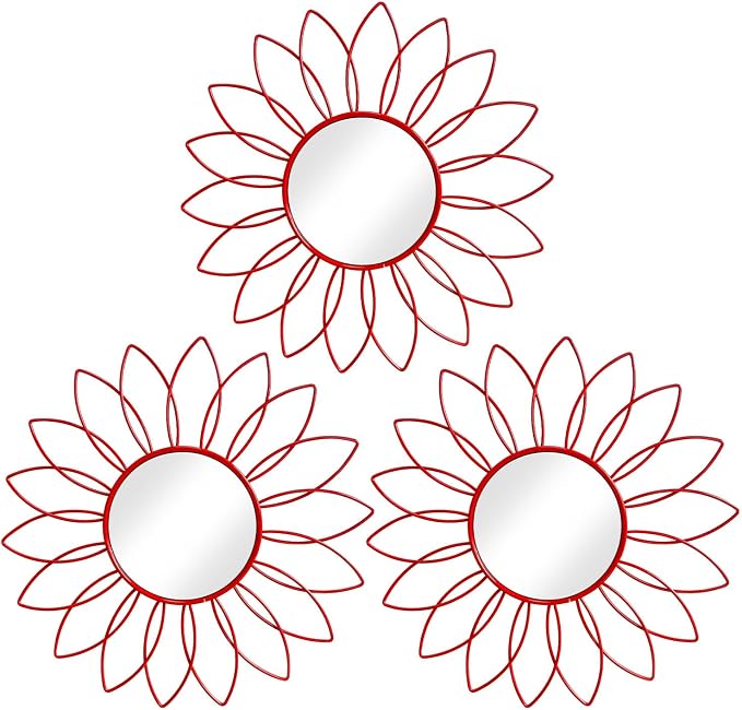 3 Pack Metal Mirrors for Wall Sunburst Wall Mirrors Home Décor Decorative Hanging Wall Art for Living Room Bedroom Entryway (Red, Flowers)