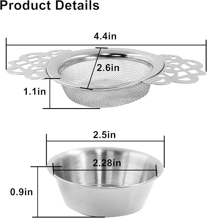 2 Pack Tea Strainers with Drip Bowls, Stainless Steel Tea Strainer Bowl Loose Leaf Tea Filter for 2.5-4 Inch Cup Mouth (Sliver)