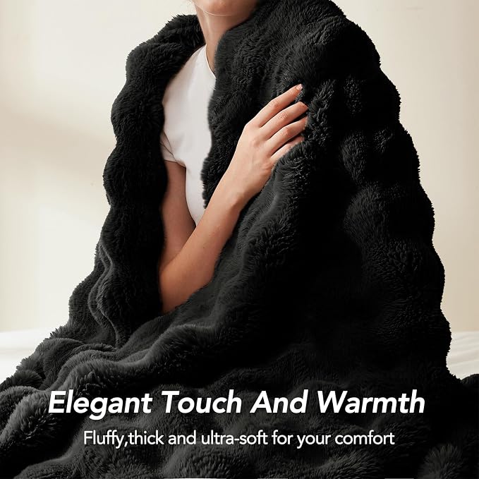 L'AGRATY Faux Rabbit Fur Throw Blanket for Couch, 60'' x 80'', Black | Soft Cozy Bubble Fluffy Blanket for Sofa Bed, Thick Warm Plush Fuzzy Throw for Room Home Decor, Luxury Gift for Women Mom