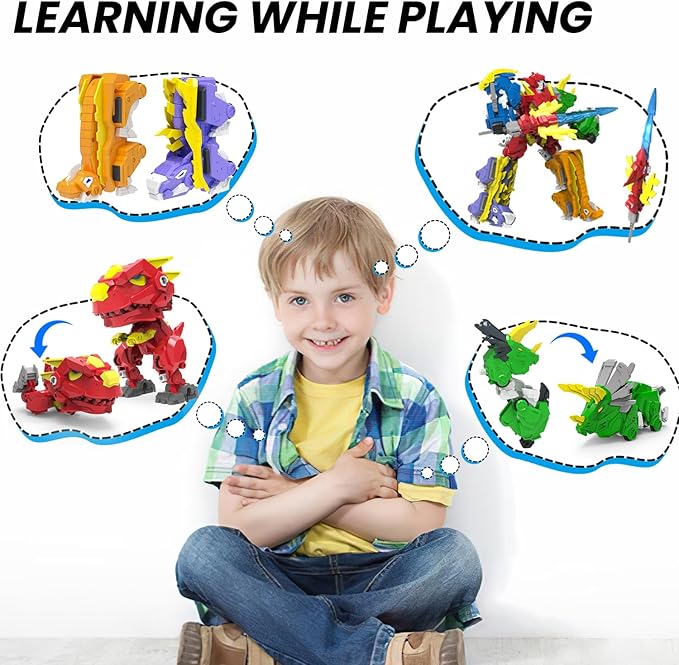 Robot Dinosaur Toys 5-in-1 Transforming Robot Including 5 Dinosaur Action Figures -Build & Combine into 8" Large Warrior with Weapon for 6 7 8 9 Year Old Boys