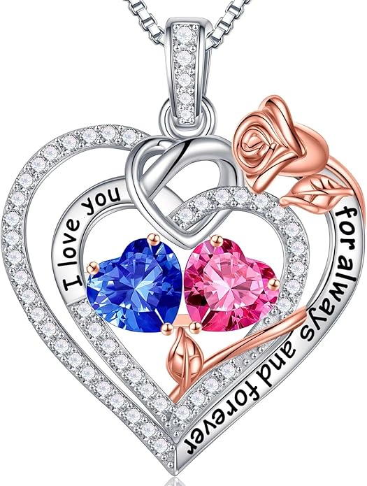 Iefil Valentines Day Gifts for Her Wife - 925 Sterling Silver Double Birthstone Necklace, Anniversary Birthday Gifts for Women, Jewelry Gift for Wife Girlfriend Mom Her