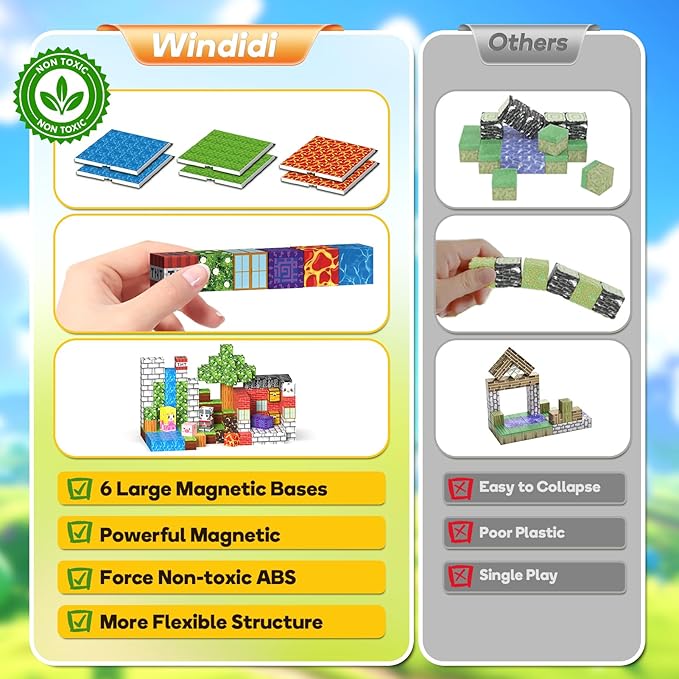 Magnetic Building Blocks - 150PCS Building Toys with 6PCS Bases, Magnet Cube Game for Kids, Build Mine Castle Volcano World for Boys Girls Age 3-5 4-8 8-12, STEM Sensory Outdoor Travel Toys Gifts