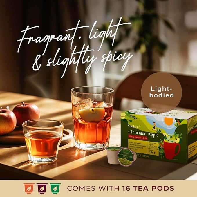 Gya Tea Co Cinnamon Apple Tea Gift Set (16 Count) - Decaf Tea Pod for Lovers Get Well Gifts - Manually Harvested - Enjoy Hot or Iced