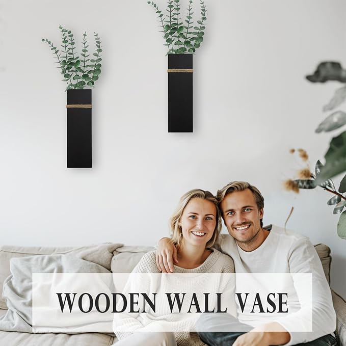 Wall Planters for Indoor Plants-2 Pack Wood Wall Vases for Dried Flowers & Artificial Plants Modern Farmhouse Wooden Vase for Living Room Bedroom Kitchen Decorations - Black