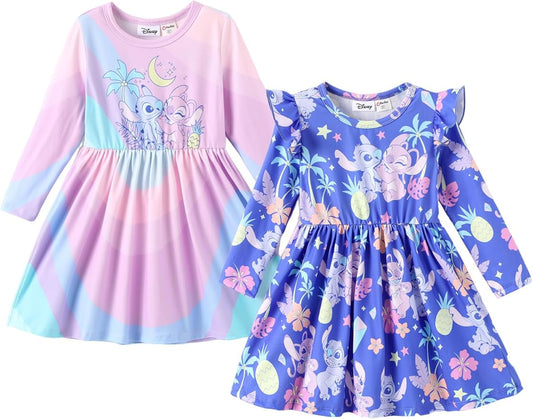 Disney Frozen Elsa Stitch Princess Minnie Mouse Toddler Girl Dresses 2 Pack Ruffle Long Sleeve Dress Set (3 Months - 6 Years)