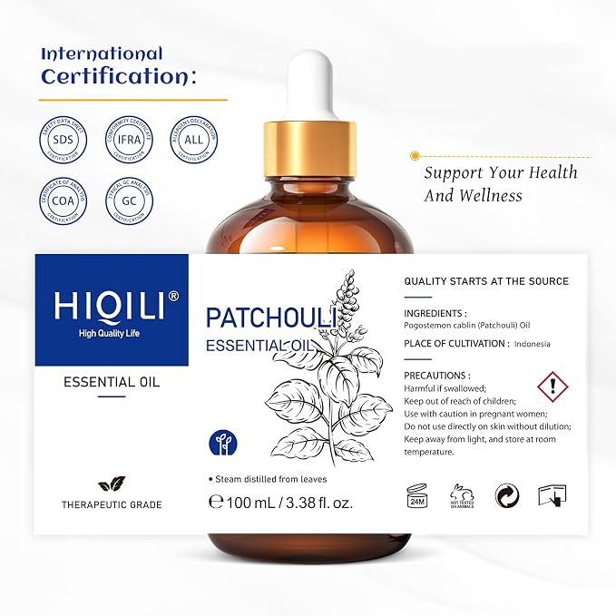 HIQILI Patchouli Essential Oil, for Homemade Perfume, Sooth Skin, Nourish Hair at Home with Diffuser, Gift for Hippie Friend - 3.38 Fl Oz