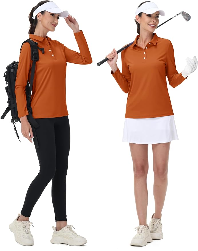 MAGCOMSEN Long Sleeve Polo Shirts for Women Golf Tops with Collar Work | UPF 50+ Sun Protection, 4 Buttons, Moisture Wicking, Breathable, 4-Way Stretch, Collared, Quick Dry, Active, Casual, Tennis