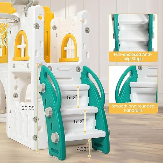 8-in-1 Toddler Slide & Climber Playset for Kids 1-3 Years, Indoor Outdoor Activity Center with Basketball Hoop, Tunnel, Telescope, Steering Wheel & Storage, Safe HDPE Backyard Fun House