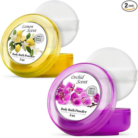 R-NEU Body Powder for Women with Powder Puff, 100% Talc-Free, Luminous Lemon Scented Dusting Powder, After Bath for Soft Skin, Extra Large, (2 Pack, 5oz Each)