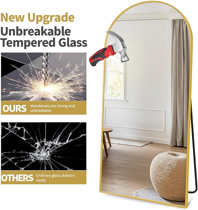 Dewfig Arched Full Length Mirror, 76"x34" Large Floor Mirror, Gold | Aluminum Alloy Frame Full Body Mirror, HD Shatterproof Tempered Glass, Lean/Stand/Wall for Living Room,Bedroom, Dressing Room