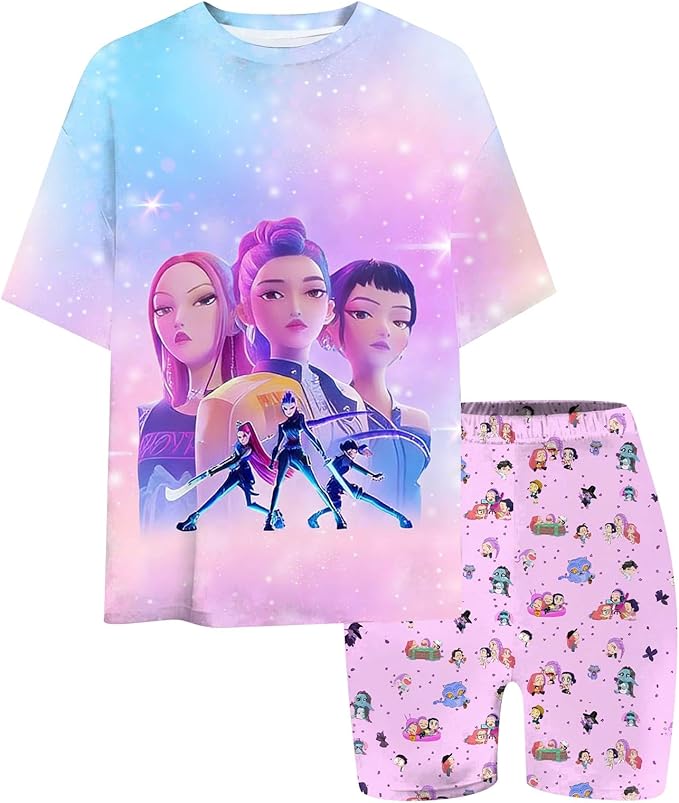 K-POP DEM0N Hunters Outfits for Girls, 2 Piece T-Shirts and Apparel Sets Birthday Gift
