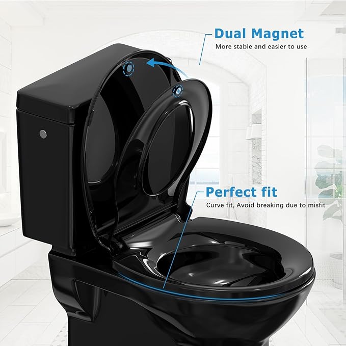 17" Round Black Toilet Seat with Built-In Potty Training Seat, Soft Quiet-Close Non-Slip Design for Adult and Child, Magnetic Kids Seat and Cover, Easy to Install and Clean for Round Toilets