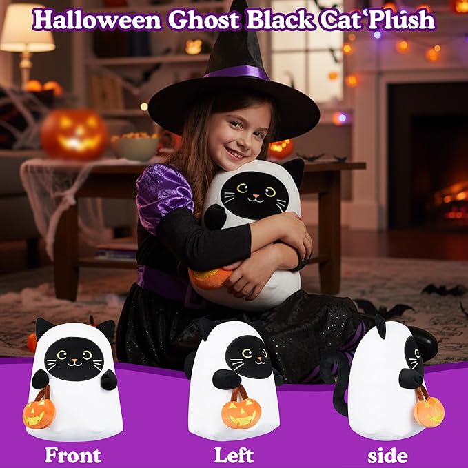 Halloween Ghost Stuffed Animal, Halloween Ghost Black Cat Plush Toy with Pumpkin Gifts for Girls Boys Decor 10 Inch