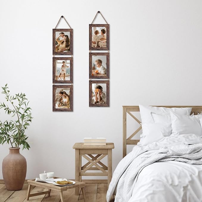 QUTREY Collage Picture Frames 5x7, 3 Openings Hanging Photo Frame Set for Vertical 5 by 7 inch Pictures for Wall, Distressed Brown, 2 Pack