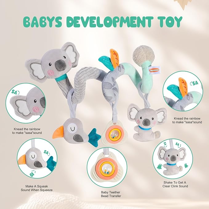 Car Seat Toys Baby Toys 0-3 Month Developmental, Stroller Toy Infant Toys 0-6 Months Newborn Toys, Carseat Toy for Infants 0-12 Months with Little Bird, Koala, Teether