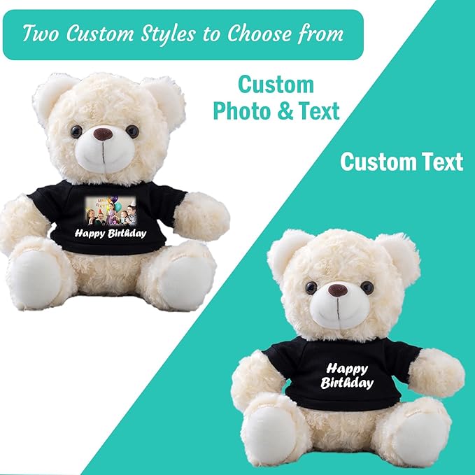 Generic Teddy Bear Customized Gifts for Women/Men with Custom Text, Personalized Teddy Bear Stuffed with T-shirt as Personalized Gifts for Christmas Valentines Day Birthday (8 inch-Text+Photo), Black