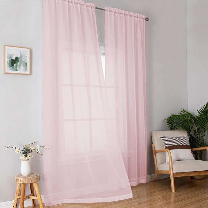 OWENIE Extra Long Sheer Curtains 96 Inches Long, Rod Pocket Airy Solid Blush Sheer Panels, Elegant Voile Sheer Curtains & Drapes for Living Room Bedroom 2 Panels Set, Each 42Wx96L inch