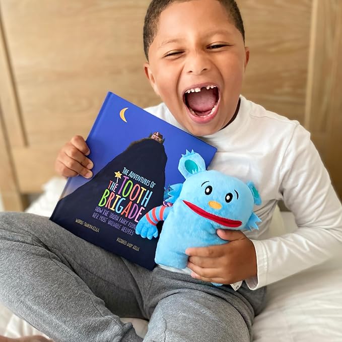 The Tooth Brigade Tooth Fairy Pillow | Stuffed Plush with Large Pocket Mouth for Lost Teeth, Treasures, Prizes - Fun and Interactive Plush, Perfect Kids, Boys, & Girls Gift (Blue Monster)