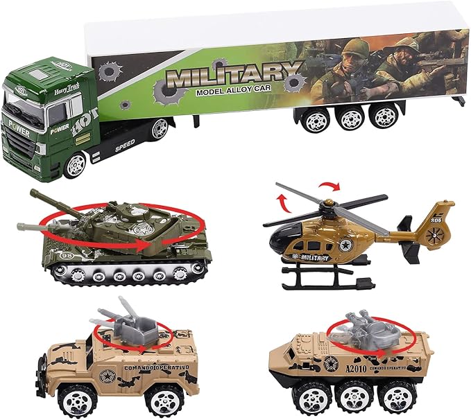 28 in 1 Army Toy Trucks with Sound and Light, Push and Go Military Car Carrier with 16 Soldiers, Gift for Boys, Toddlers, and Kids Ages 3+