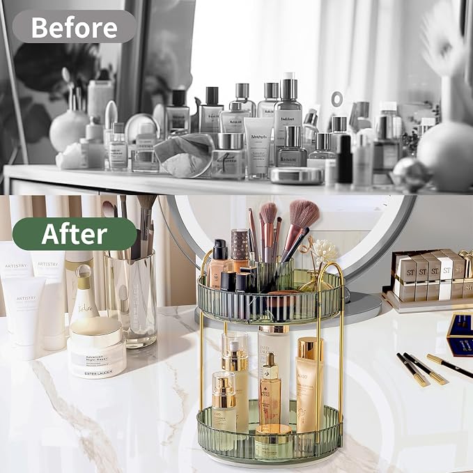 Asayuee 360 Rotating Makeup Organizer,2 Tier Large Capacity Make Up Organizers and Storage,Skincare Perfume Vanity Organizers,Bathroom Cosmetics Storage Organizer Countertop (Green)