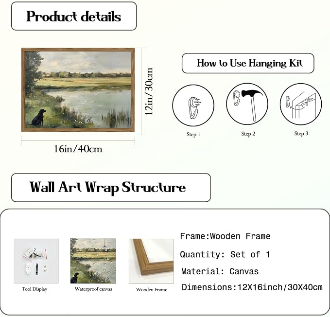 Framed Vintage Hunting Black Dog Wall Art, Rustic Country Nature Landscape Pictures Wall Decor, Farmhouse Animal Paintings Canvas Prints Aesthetic Home Decor for Living Room Bedroom 12x16 inch
