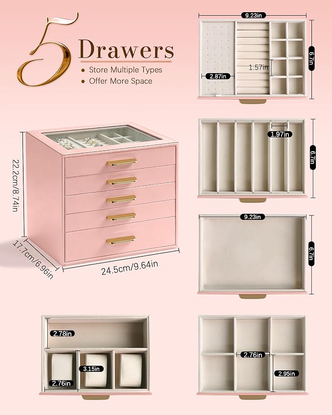 Homeanda Jewelry Boxes Organizer with Glass Lid, 5-Layer PU Leather, Pink | Modern style display case with 5 drawers for daily jewelry, women, mom or girl gift