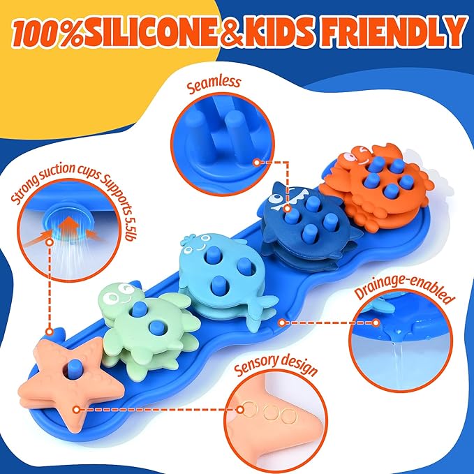 Baby Bath Toys,Silicone Mold Free Shape Sorting Stacking Toddler Bath Toy,Color Sorting Textured Floats,No Hole Early Learning Bathtub Shower Water Toys,Birthday Gifts for Boys Girls