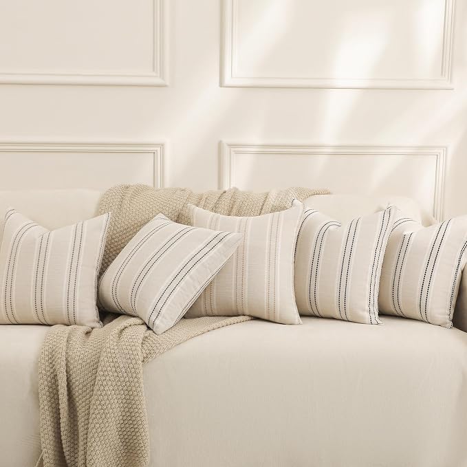 Hckot Decorative Navy Pillow Covers 18x18 Striped Throw Pillows Textured Linen Pillow Covers Farmhouse Decor Cushion Covers for Couch Bed Living Room, Navy