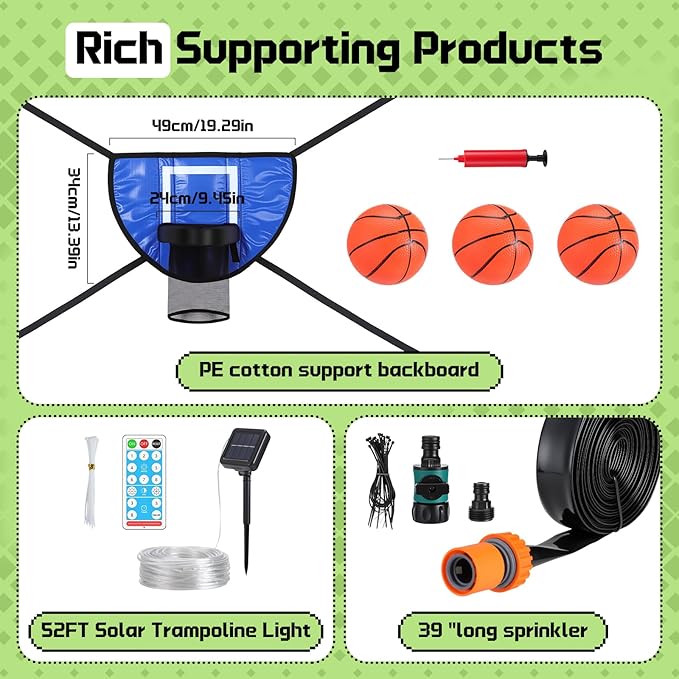 Trampoline Accessories Kit, Basketball Hoop with 3 Mini Basketballs, 52FT Solar Lights Fit 8 10 12 14 15 16FT Trampoline Outdoor 8 Lighting Modes, Trampoline Accessories Kit with Sprinkler & Shoe Bag