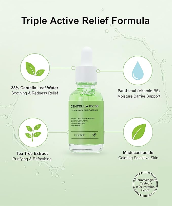 Centella Asiatica Serum Korean - Redness Corrector for Face - 38% Cica Leaf Water and Madecassoside - Ph Balanced - Barrier Support - Lightweight Calming - Rosacea Skincare Serum - Centella Ampoule