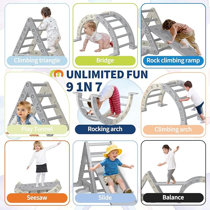 Garvee 9-in-1 Triangle Set, HDPE PP Plastic Climbing Set, Durable 1-8 Toddler Climbing Toys Indoor with Arch, Ramp, Ladder & Slide, Indoor Playground Jungle Gym Playset, White