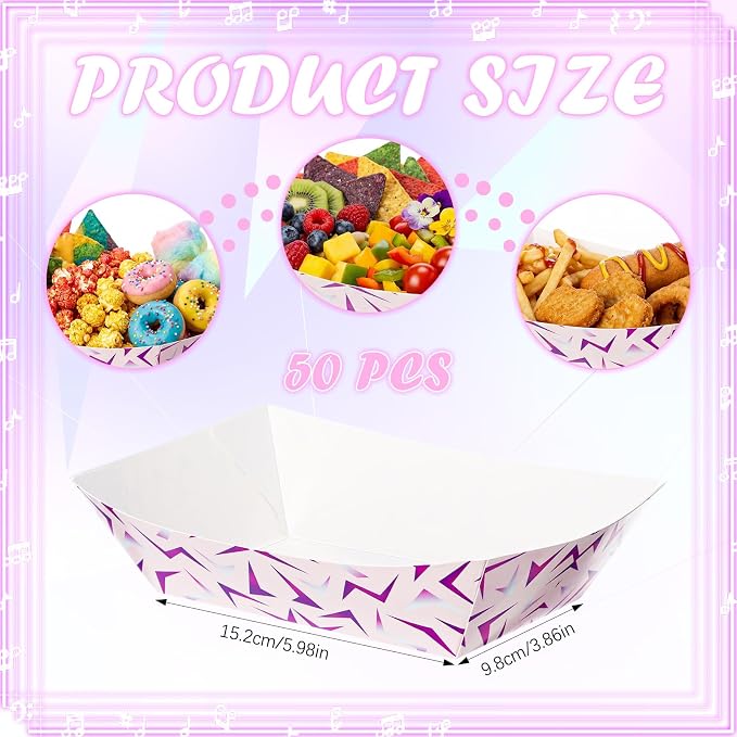 50 Pcs K Pop Plates Kpop Party Paper Food Trays Music Theme Heavy Duty Paper Food Boat Disposable Serving Basket for Korean Snack French Fries Nachos Hot Dog Popcorn Picnic Wedding Kpop Party