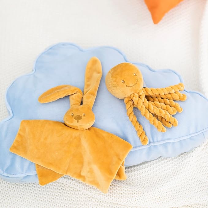 Nattou Plush Stuffed Toy, Cuddly Companion, Umbilical Cord Design Reassures Baby, Vegan, Lapidou Octopus, Yellow