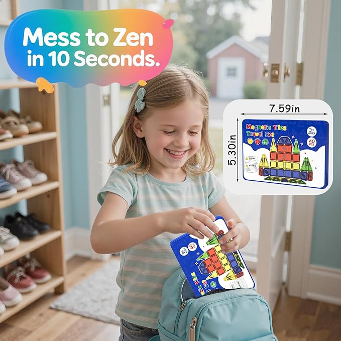 Travel Mini Magnetic Tiles 40 PCS, STEM Toys Magnetic Building Toys for Kids Ages 4-8 with Iron Case, Blocks Building Preschool Learning Sensory Montessori Toys for 3+ Year Old Boys and Girls