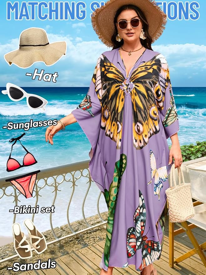 ChiaoLezhee Print Moo-Moos for Women, Kaftan Cover-Up Dresses, Sexy V-Neck High-Slit, Beach Pool-Party Coverups Muumuu Plus