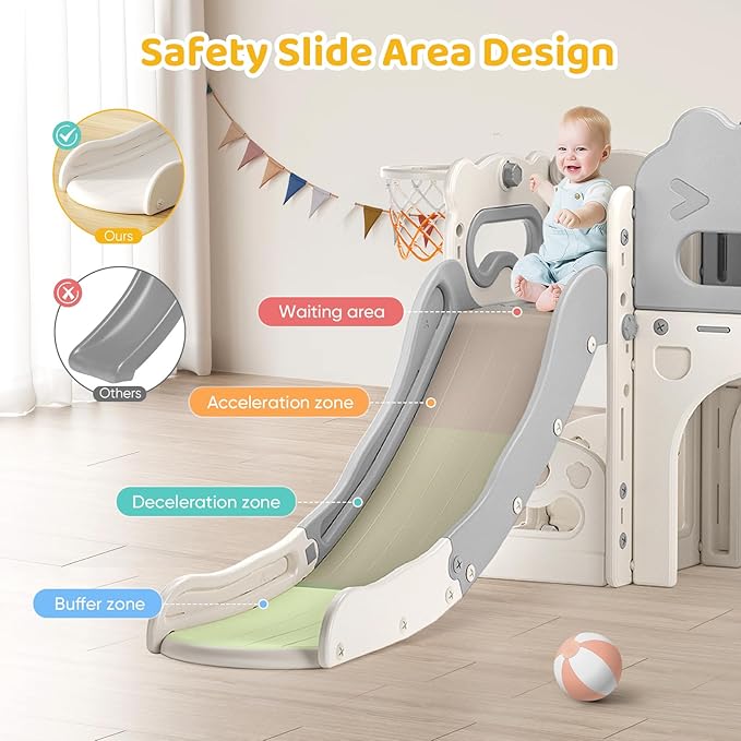 Toddler Slide Indoor, 8 in 1 Indoor Playground for Kids 1-3 Toddler Playset with Climber, Basketball Hoop, Tunnel and Storage Space Kids Outdoor Slide Playset (Grey)