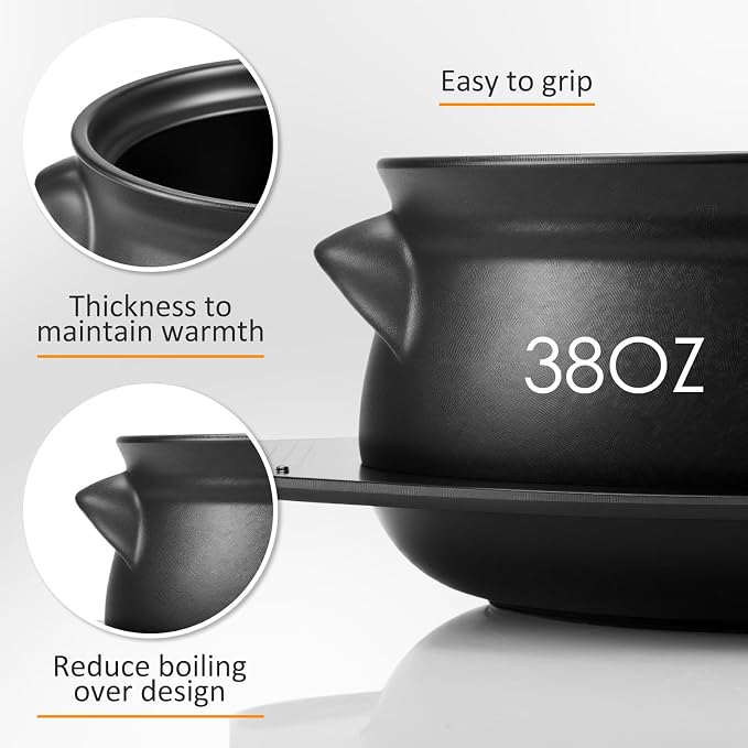 2 Pcs Korean Stone Pot Clay Cooking Pots with Tray Set 38 oz Ceramic Sizzling Hot Pot Bowl Korean Bibimbap Soup Dolsot Bowl for Ttukbaegi and Koreans Stew Rice Noodle (Without Lid)