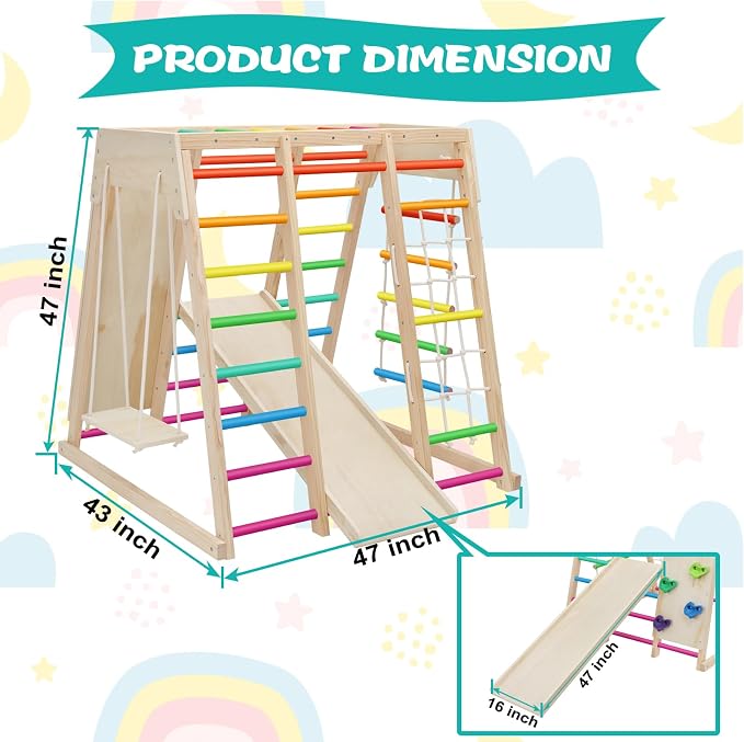 7 in 1 Pikler Indoor Playground Jungle Gym Playset, Wooden Montessori Climber with Slide, Rock Climb Wall, Monkey Bars, Rope Ladder, Climbing Rope and Swing for Kids（Rainbow）