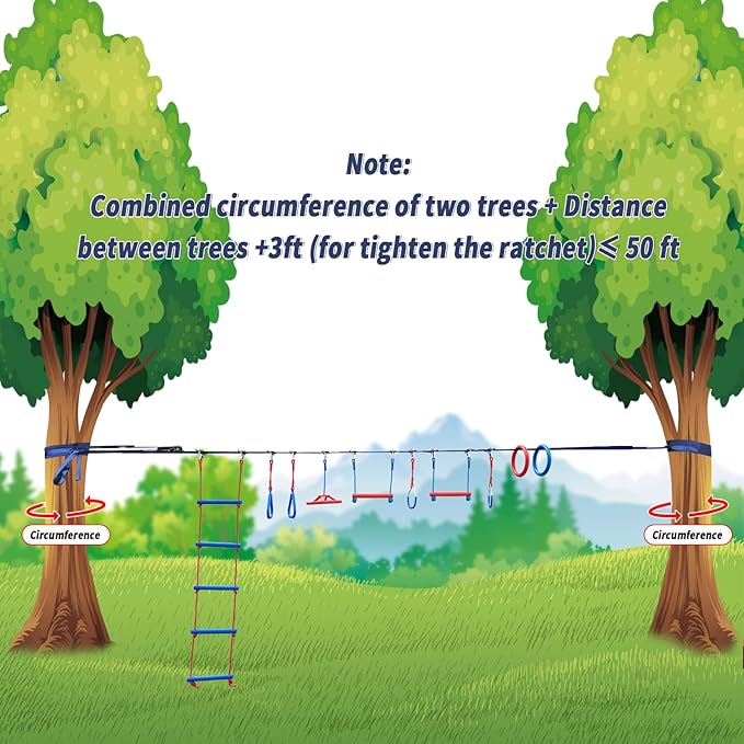 Ninja Warrior Obstacle Course for Kids Backyard-1×50ft Slackline Kit with 10 Most Complete Accessories for Boys & Girls, Rope Ladder, Gymnastic Ring, Arm Trainer and Monkey Fist