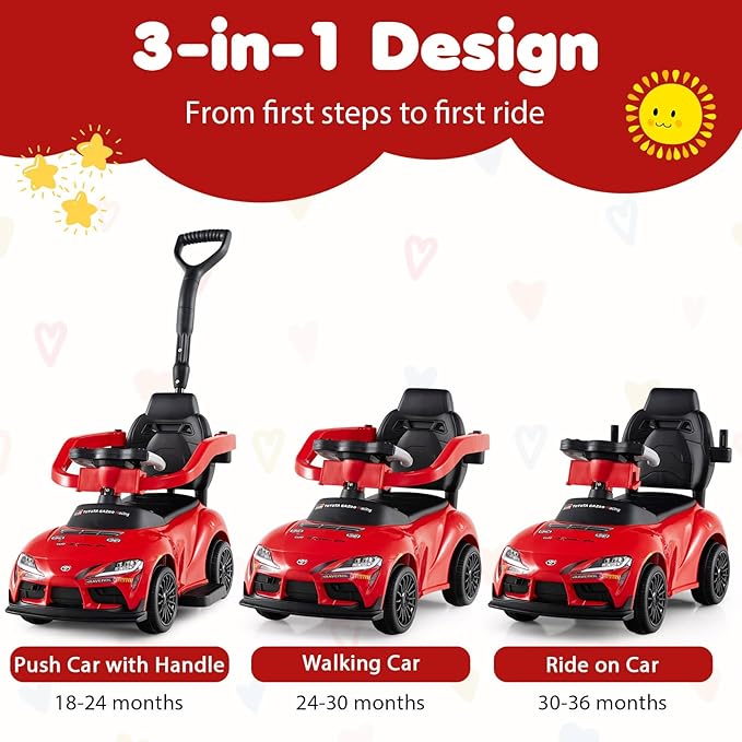 Costzon Push Car for Toddlers, 3 in 1 Toyota Licensed Stroller Sliding Walking Car w/Handle, Music, Safety Guardrail, Under-Seat Storage, Foot-to-Floor Kids Ride On Toys for Boys Girls (Red)