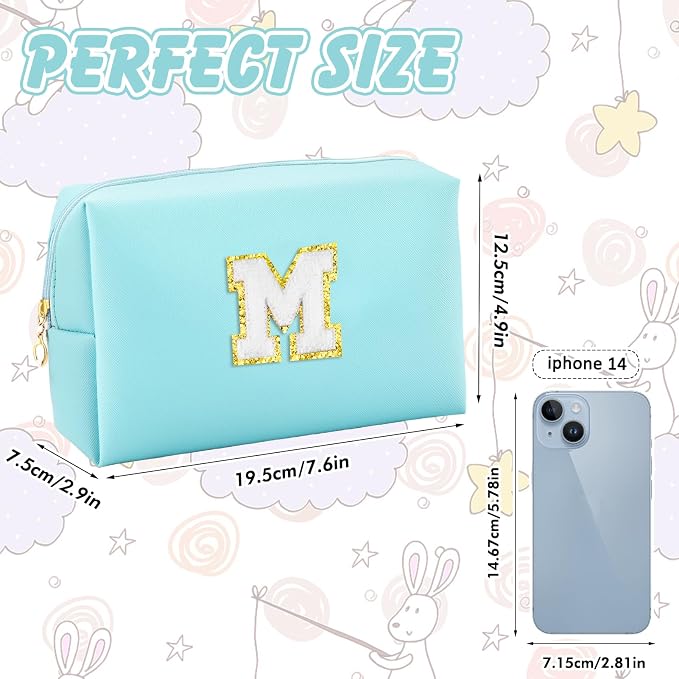 URSKYTOUS Gifts for Girls Initial Makeup Bag Personalized Cosmetic Bag with Zipper Cute Travel Toiletry Bag Waterproof PU Preppy Makeup Pouch Birthday Gift for Teen Girls Women(Blue M)