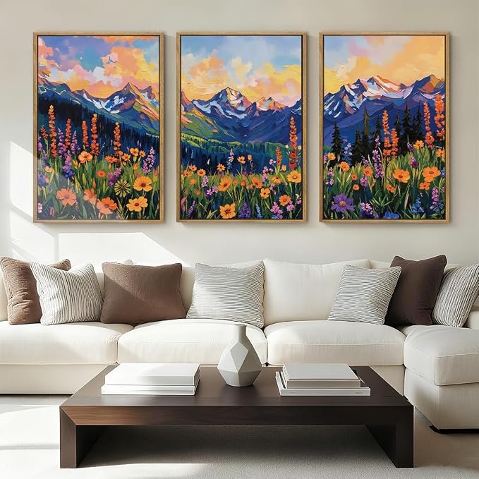 ANHUIB Colorful Wildflower Wall Art Boho Mountain Wall Decor Nature Floral Art Print 16x24 Inch Set of 3 for Living Room Bedroom Dining Room