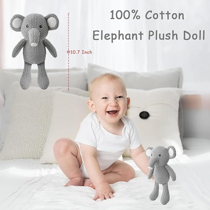 Baby Elephant Stuffed Animals for Babies 2Pcs Cute Calf Plush Toys Set: 10" Grey Elephant Plush Doll and 5.9" Baby Teething Rattle Soft Baby Boy Girl Gifts for Birthday,Easter,Christmas