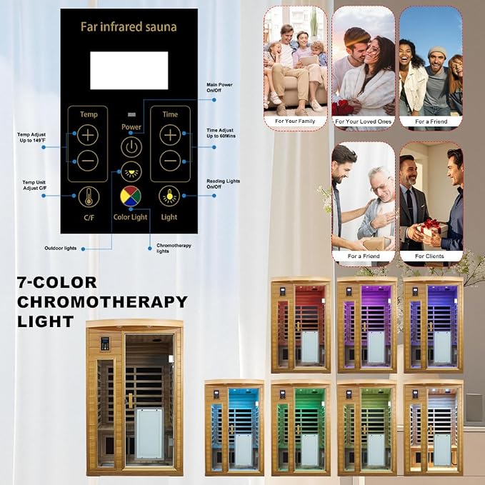 2 Person Ultra Low EMF Infrared Sauna for Home, Red Cedar Wood Far Infrared Saunas, 1750watt Indoor Personal Sauna with Door Heating Panels, Blue-tooth, 7-Color Chromotherapy Lights, 2 Outdoor Lamps