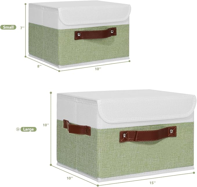 ANMINY Fabric Storage Box Bins with Lids, Green White, 15"x10"x10", 2 Pack | Keepsake Memory Storage, Cotton Linen, PP Board Reinforced, Washable, PU Handles, Foldable & Stackable, Decorative, Large