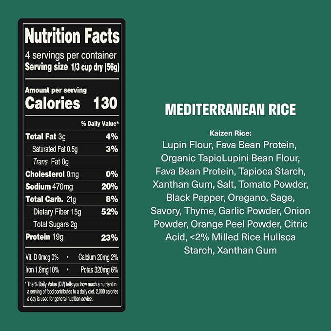Kaizen Low Carb Rice, 20g High Protein, 6g Net Carb, Mediterranean (3-Pack) | High Fiber 15g, Gluten-Free, Keto-Friendly, Plant-Based Lupini Orzo, Non-GMO, Kosher, Protein Base for Bowls