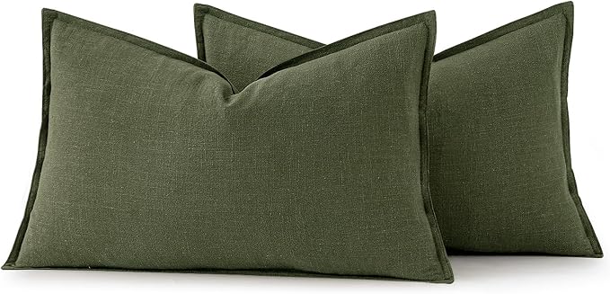 MIULEE Decorative Linen Lumbar Pillow Covers 12x20 Inch Dark Olive Green | Boho Farmhouse Neutral Couch Throw Pillows for Bed, Pack of 2 Accent Modern Pillowcases, Sofa Livingroom Home Decor