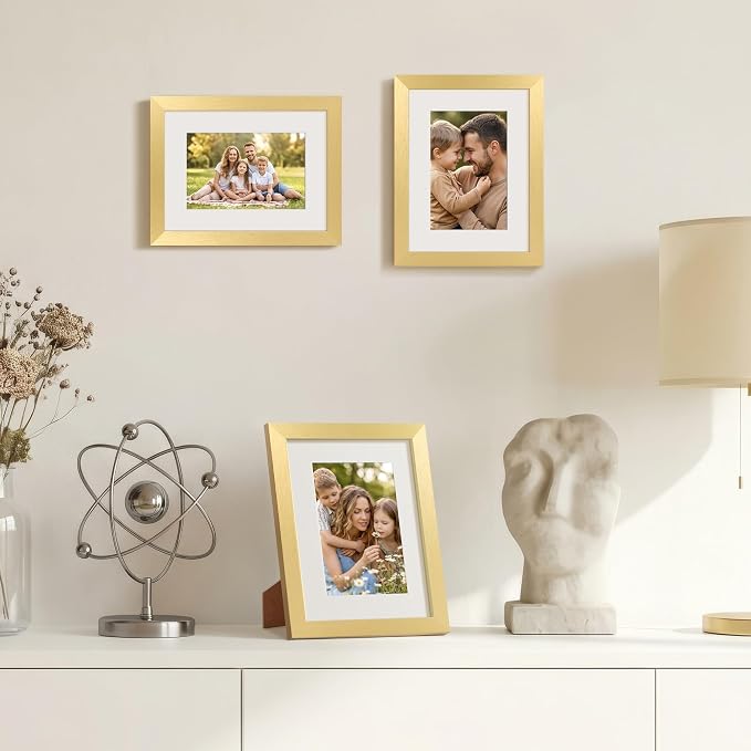 upsimples 6x8 Picture Frame, Display Pictures 3.5x5.5 with Mat or 6x8 Without Mat, Wall Hanging Photo Frame, Gold, 1 Pack